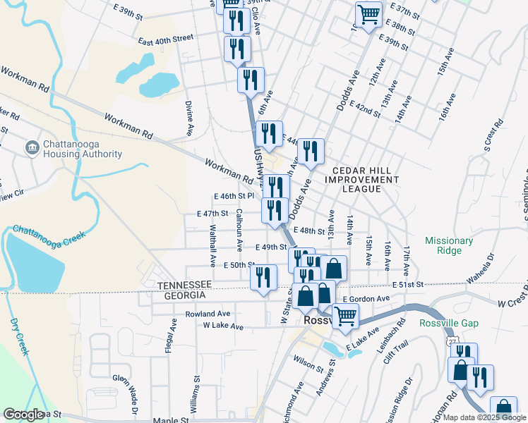 map of restaurants, bars, coffee shops, grocery stores, and more near 4619 English Avenue in Chattanooga