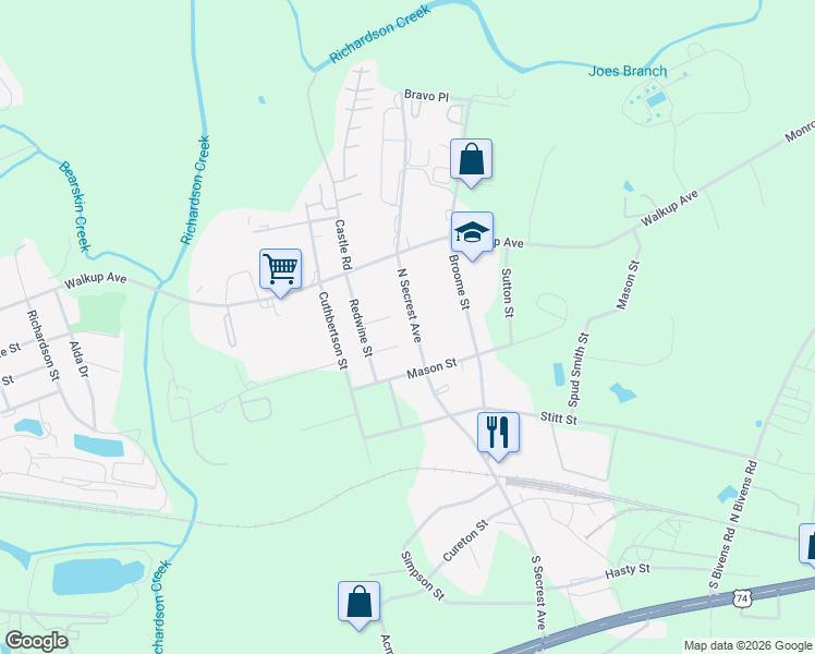 map of restaurants, bars, coffee shops, grocery stores, and more near 501 North Secrest Avenue in Monroe