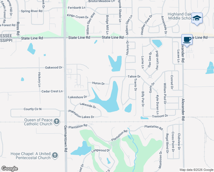 map of restaurants, bars, coffee shops, grocery stores, and more near 9420 Huron Drive in Olive Branch