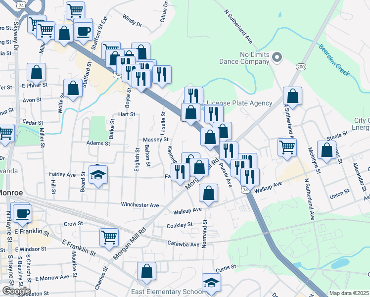 map of restaurants, bars, coffee shops, grocery stores, and more near 912 Plyler Street in Monroe