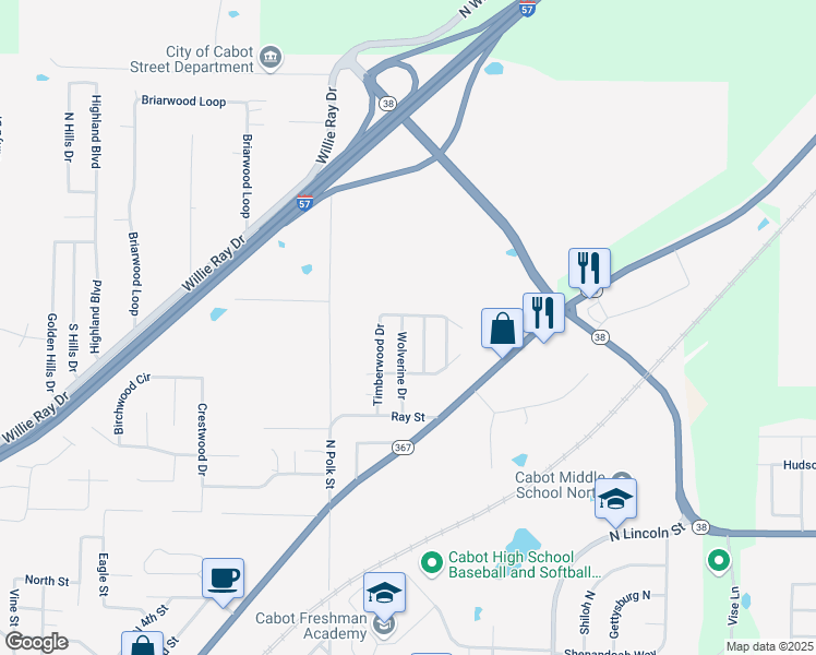 map of restaurants, bars, coffee shops, grocery stores, and more near 50 Timberwood Drive in Cabot