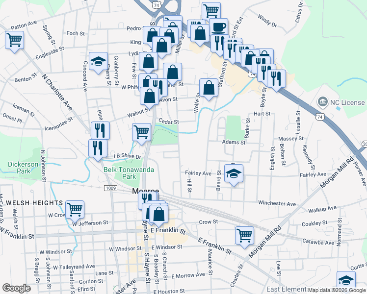 map of restaurants, bars, coffee shops, grocery stores, and more near 514 Miller St in Monroe