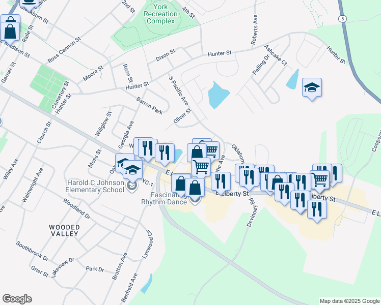 map of restaurants, bars, coffee shops, grocery stores, and more near 7 South Pacific Avenue in York