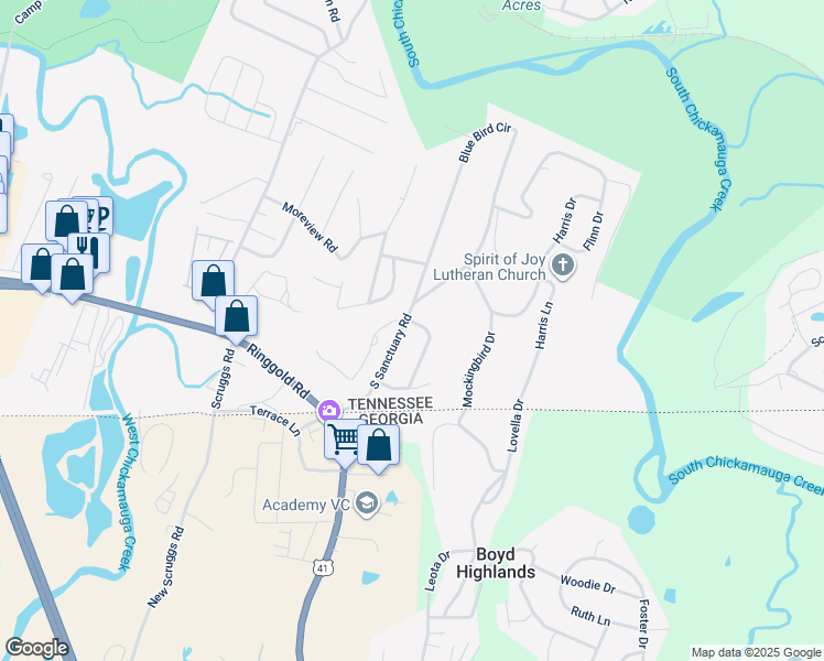 map of restaurants, bars, coffee shops, grocery stores, and more near 441 Pine Bluff Drive in Chattanooga