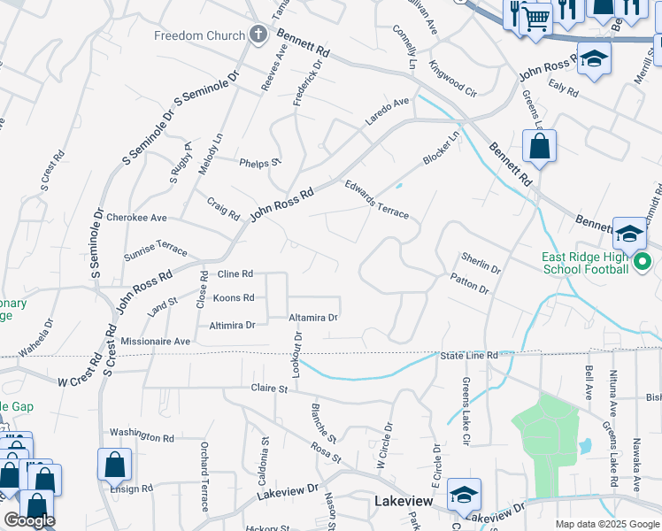 map of restaurants, bars, coffee shops, grocery stores, and more near 3624 Glen Oaks Drive in Chattanooga