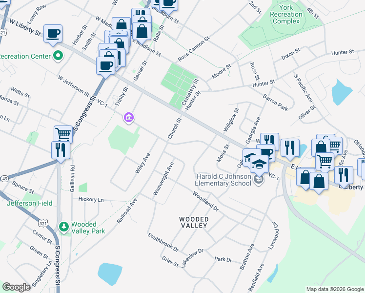 map of restaurants, bars, coffee shops, grocery stores, and more near 310 East Jefferson Street in York