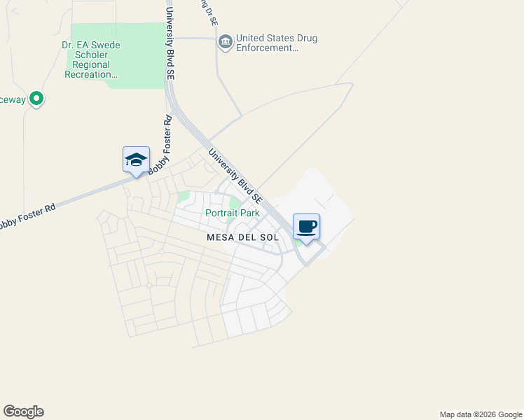 map of restaurants, bars, coffee shops, grocery stores, and more near 5691 University Boulevard Southeast in Albuquerque