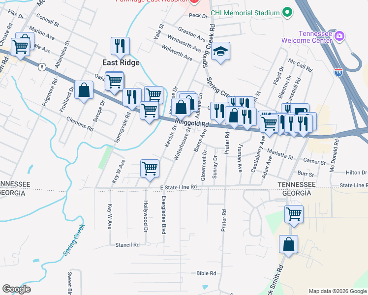 map of restaurants, bars, coffee shops, grocery stores, and more near 1521 Burns Avenue in Chattanooga