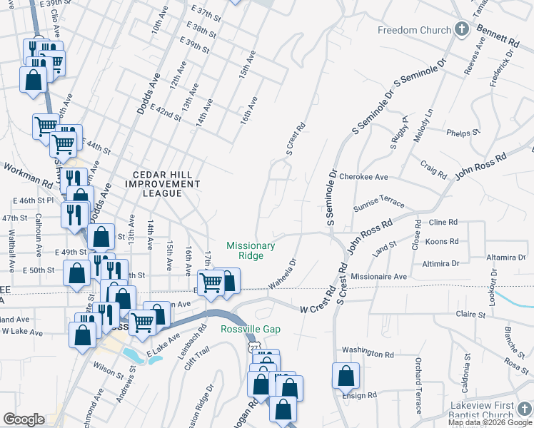 map of restaurants, bars, coffee shops, grocery stores, and more near 678 South Crest Road in Chattanooga