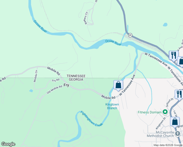 map of restaurants, bars, coffee shops, grocery stores, and more near 170 Old River Camp Road in Copperhill