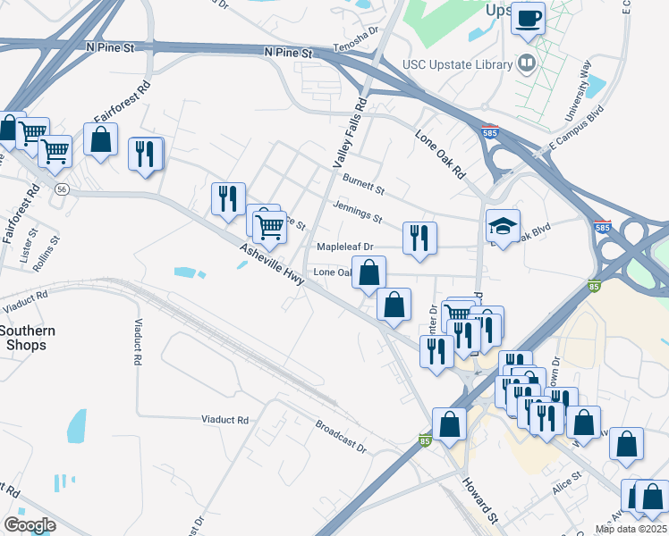 map of restaurants, bars, coffee shops, grocery stores, and more near 181 Tommy Stocks Road in Spartanburg