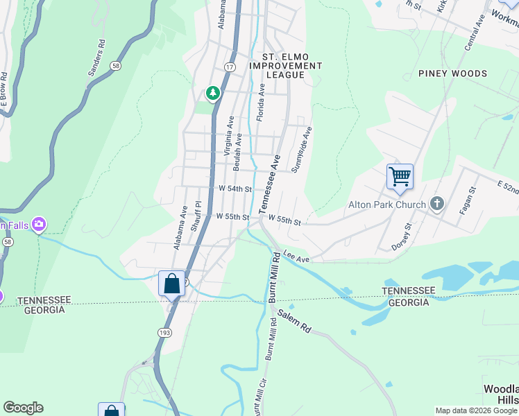 map of restaurants, bars, coffee shops, grocery stores, and more near 5404 Tennessee Avenue in Chattanooga