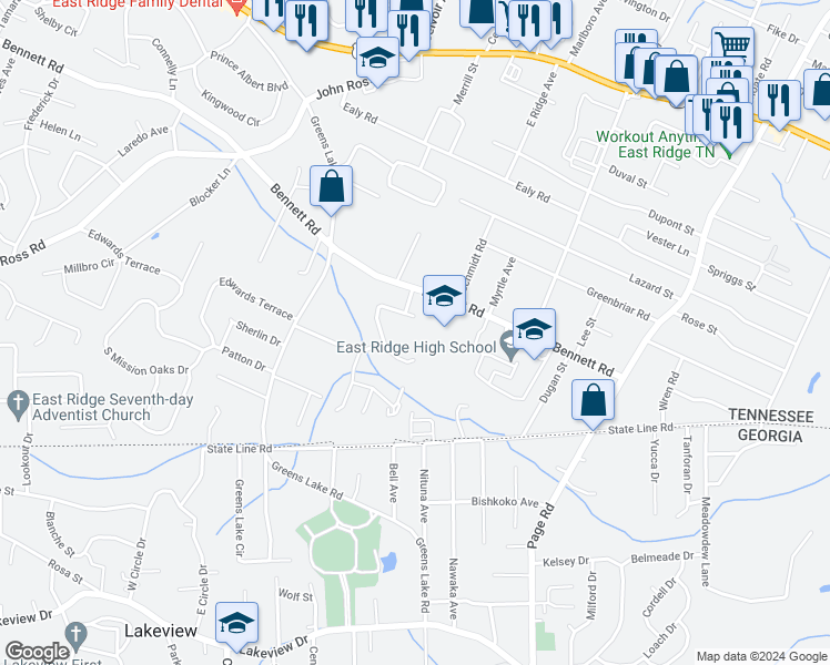 map of restaurants, bars, coffee shops, grocery stores, and more near 1312 Ridgefield Circle in Chattanooga