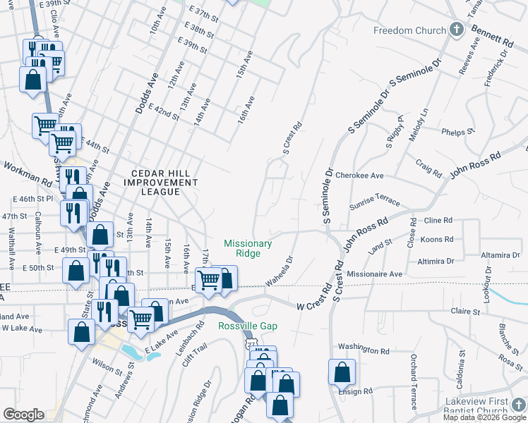 map of restaurants, bars, coffee shops, grocery stores, and more near 678 South Crest Road in Chattanooga