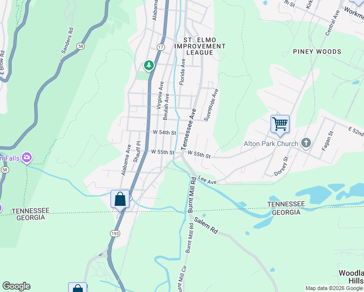 map of restaurants, bars, coffee shops, grocery stores, and more near 5404 Tennessee Avenue in Chattanooga
