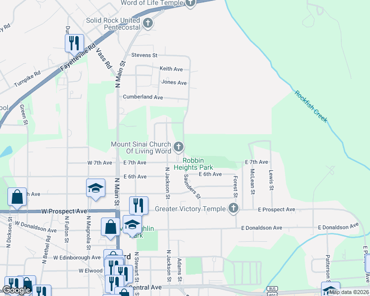 map of restaurants, bars, coffee shops, grocery stores, and more near 929 Stevens Street in Raeford