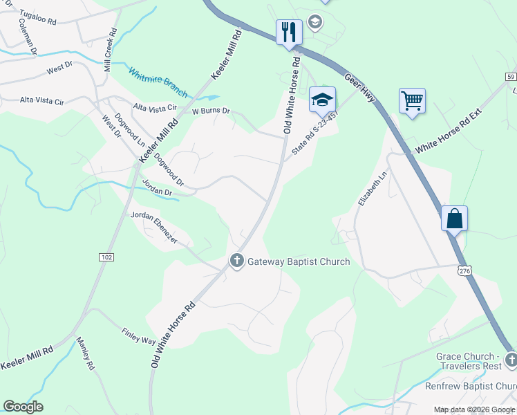 map of restaurants, bars, coffee shops, grocery stores, and more near 12485 Old White Horse Road in Travelers Rest