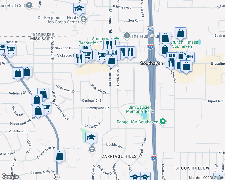 map of restaurants, bars, coffee shops, grocery stores, and more near 8760 Millbranch Road in Southaven