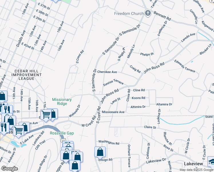 map of restaurants, bars, coffee shops, grocery stores, and more near 3506 Sunrise Terrace in Chattanooga
