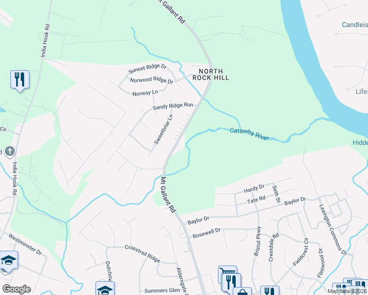 map of restaurants, bars, coffee shops, grocery stores, and more near 2358 Mount Gallant Road in Rock Hill