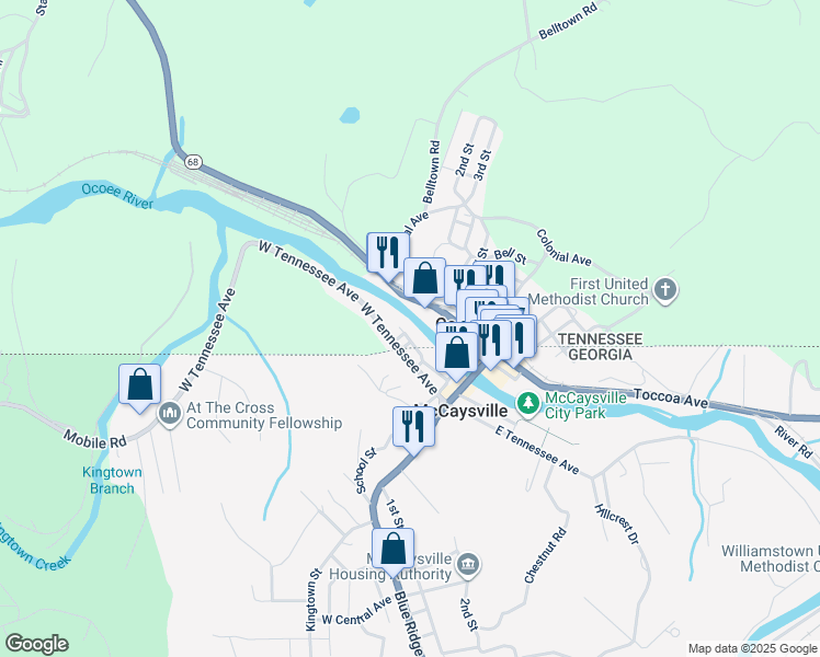 map of restaurants, bars, coffee shops, grocery stores, and more near 350 Central Avenue in Copperhill