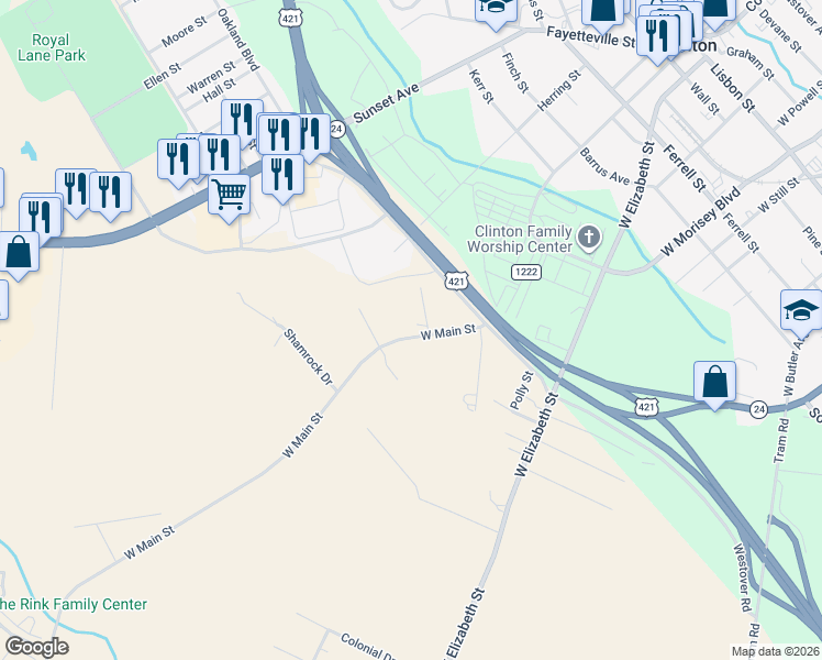 map of restaurants, bars, coffee shops, grocery stores, and more near 702 West Main Street in Clinton