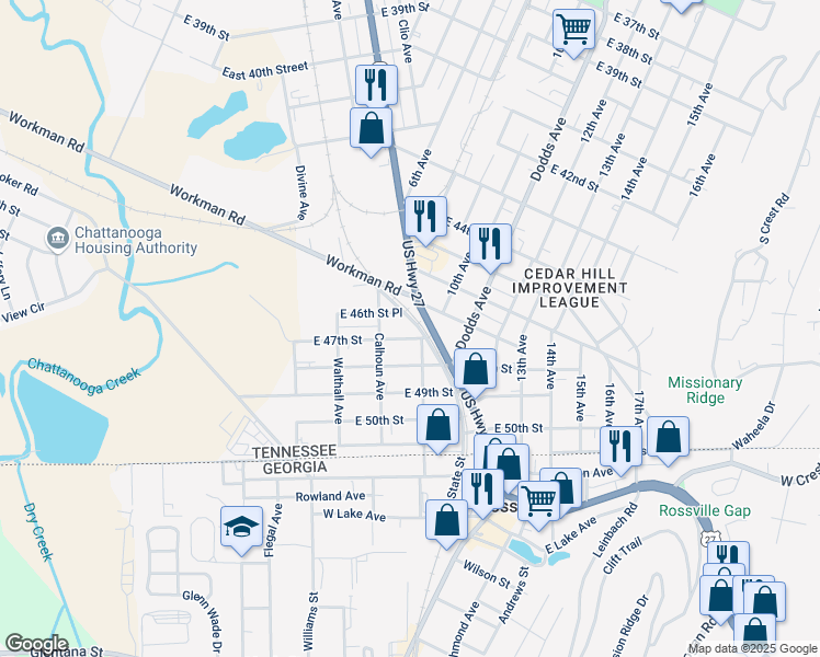 map of restaurants, bars, coffee shops, grocery stores, and more near 4619 English Ave in Chattanooga