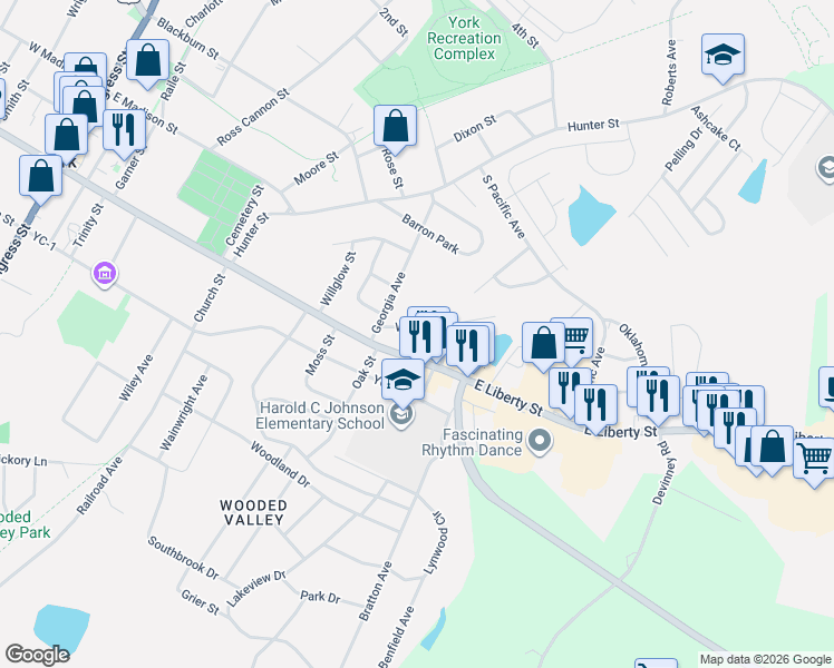 map of restaurants, bars, coffee shops, grocery stores, and more near 8 Wray Street in York