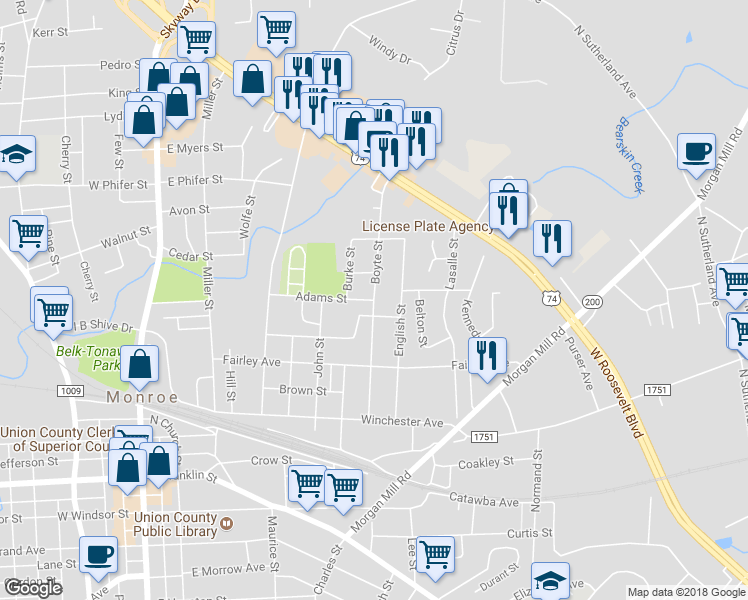 map of restaurants, bars, coffee shops, grocery stores, and more near 717 Adams Street in Monroe