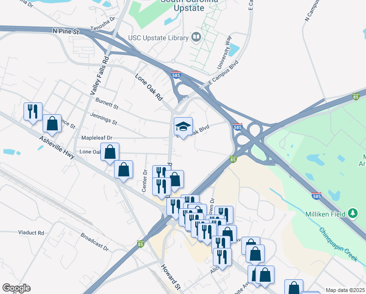 map of restaurants, bars, coffee shops, grocery stores, and more near 7314 Lone Oak Road in Spartanburg