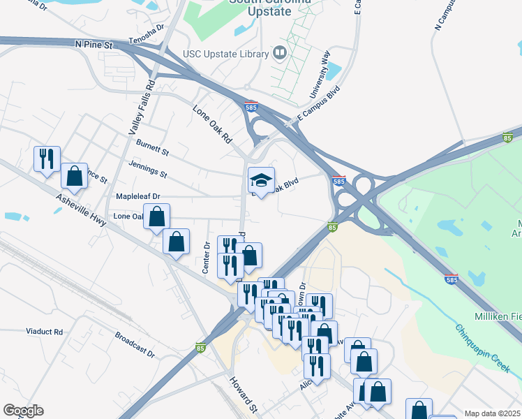 map of restaurants, bars, coffee shops, grocery stores, and more near 7314 Lone Oak Road in Spartanburg