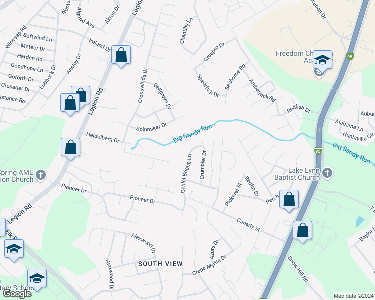 map of restaurants, bars, coffee shops, grocery stores, and more near 2620 Daniel Boone Lane in Hope Mills