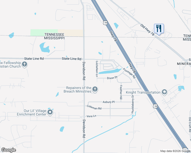 map of restaurants, bars, coffee shops, grocery stores, and more near 8783 Lezlarken Lane in Olive Branch
