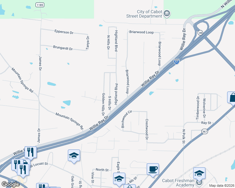 map of restaurants, bars, coffee shops, grocery stores, and more near 1023 Highland Boulevard in Cabot