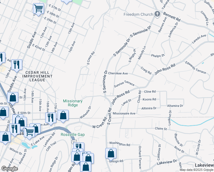 map of restaurants, bars, coffee shops, grocery stores, and more near 1724 South Seminole Drive in Chattanooga