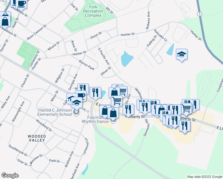 map of restaurants, bars, coffee shops, grocery stores, and more near 7 South Pacific Avenue in York