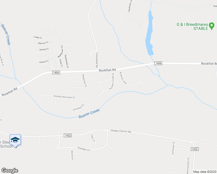 map of restaurants, bars, coffee shops, grocery stores, and more near 268 Hunters Creek Drive in Raeford