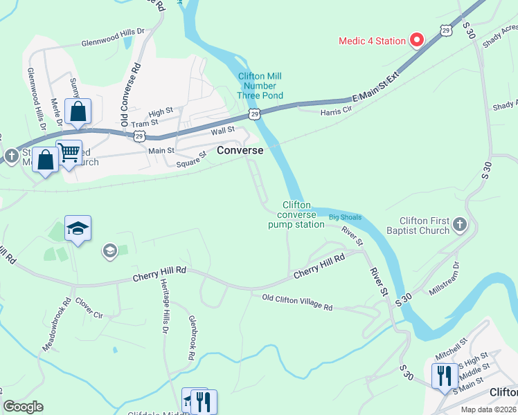 map of restaurants, bars, coffee shops, grocery stores, and more near 496 River Street in Converse