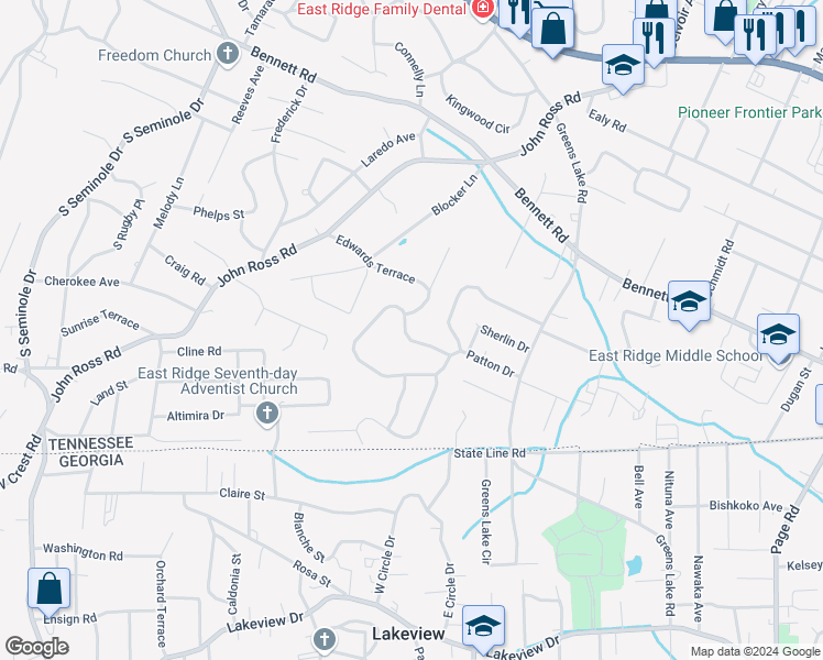 map of restaurants, bars, coffee shops, grocery stores, and more near 3905 North Mission Oaks Drive in Chattanooga