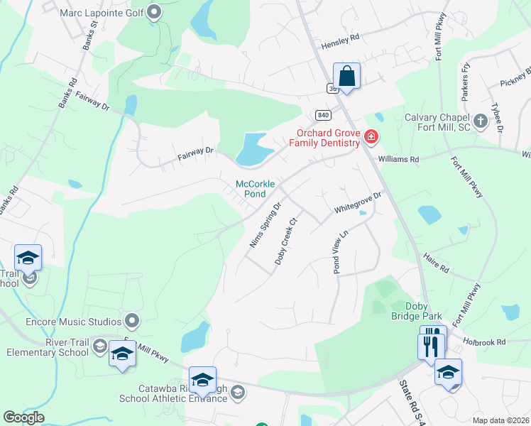 map of restaurants, bars, coffee shops, grocery stores, and more near 123 Nims Spring Drive in Fort Mill