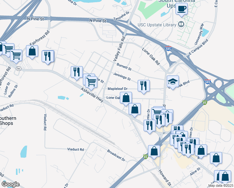 map of restaurants, bars, coffee shops, grocery stores, and more near 181 Tommy Stocks Road in Spartanburg
