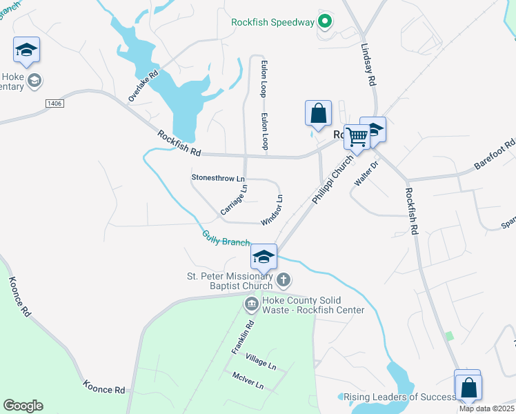 map of restaurants, bars, coffee shops, grocery stores, and more near 206 Cobblestone Court in Raeford