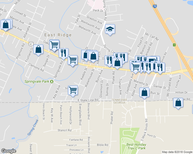 map of restaurants, bars, coffee shops, grocery stores, and more near 1521 Burns Street in Chattanooga