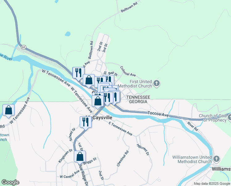 map of restaurants, bars, coffee shops, grocery stores, and more near 106 Waters St in Copperhill