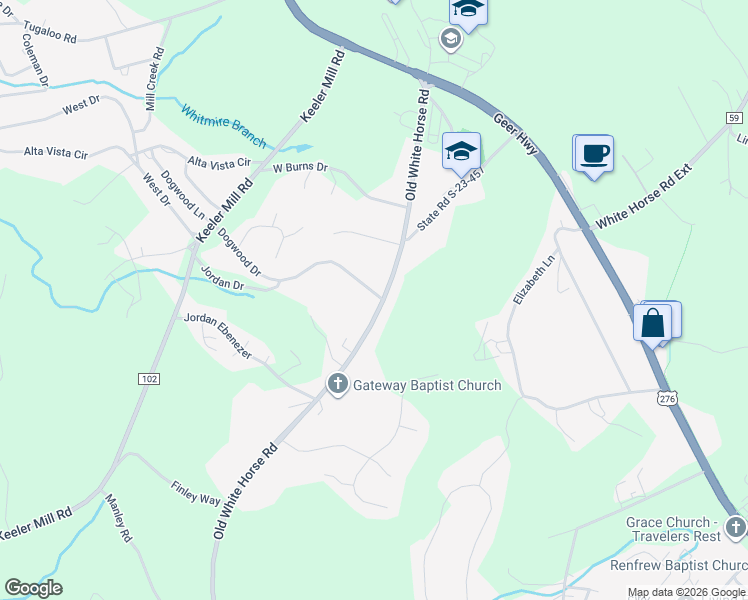 map of restaurants, bars, coffee shops, grocery stores, and more near 12485 Old White Horse Road in Travelers Rest