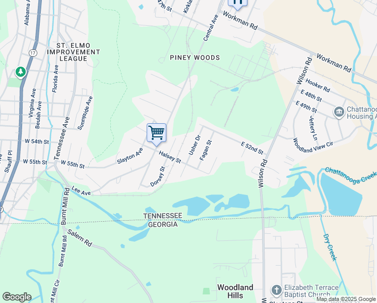 map of restaurants, bars, coffee shops, grocery stores, and more near 5271 Usher Street in Chattanooga