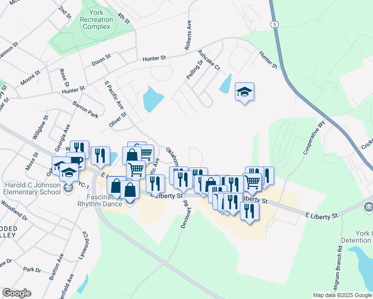 map of restaurants, bars, coffee shops, grocery stores, and more near 165 Ole Eastpointe Drive in York