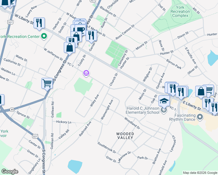 map of restaurants, bars, coffee shops, grocery stores, and more near 235 East Jefferson Street in York