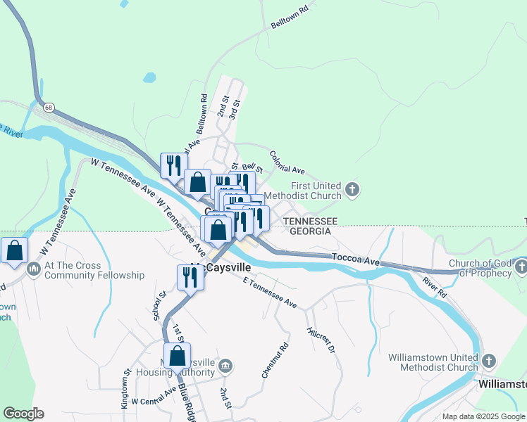 map of restaurants, bars, coffee shops, grocery stores, and more near 106 Waters Street in Copperhill