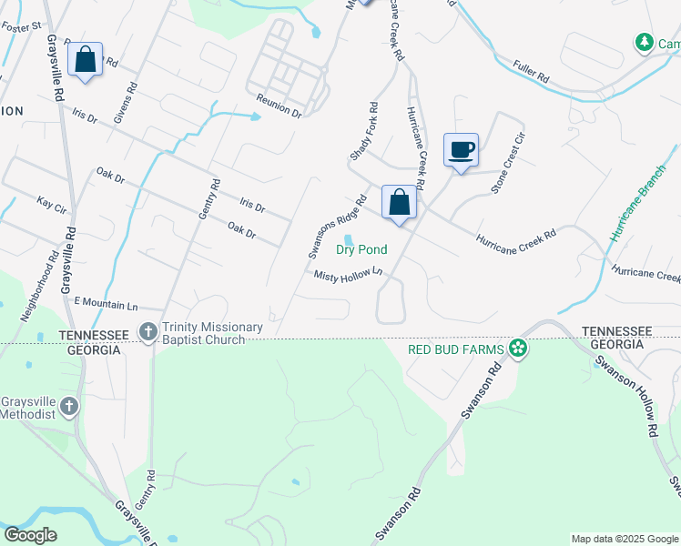 map of restaurants, bars, coffee shops, grocery stores, and more near 8707 Misty Hollow Lane in Chattanooga